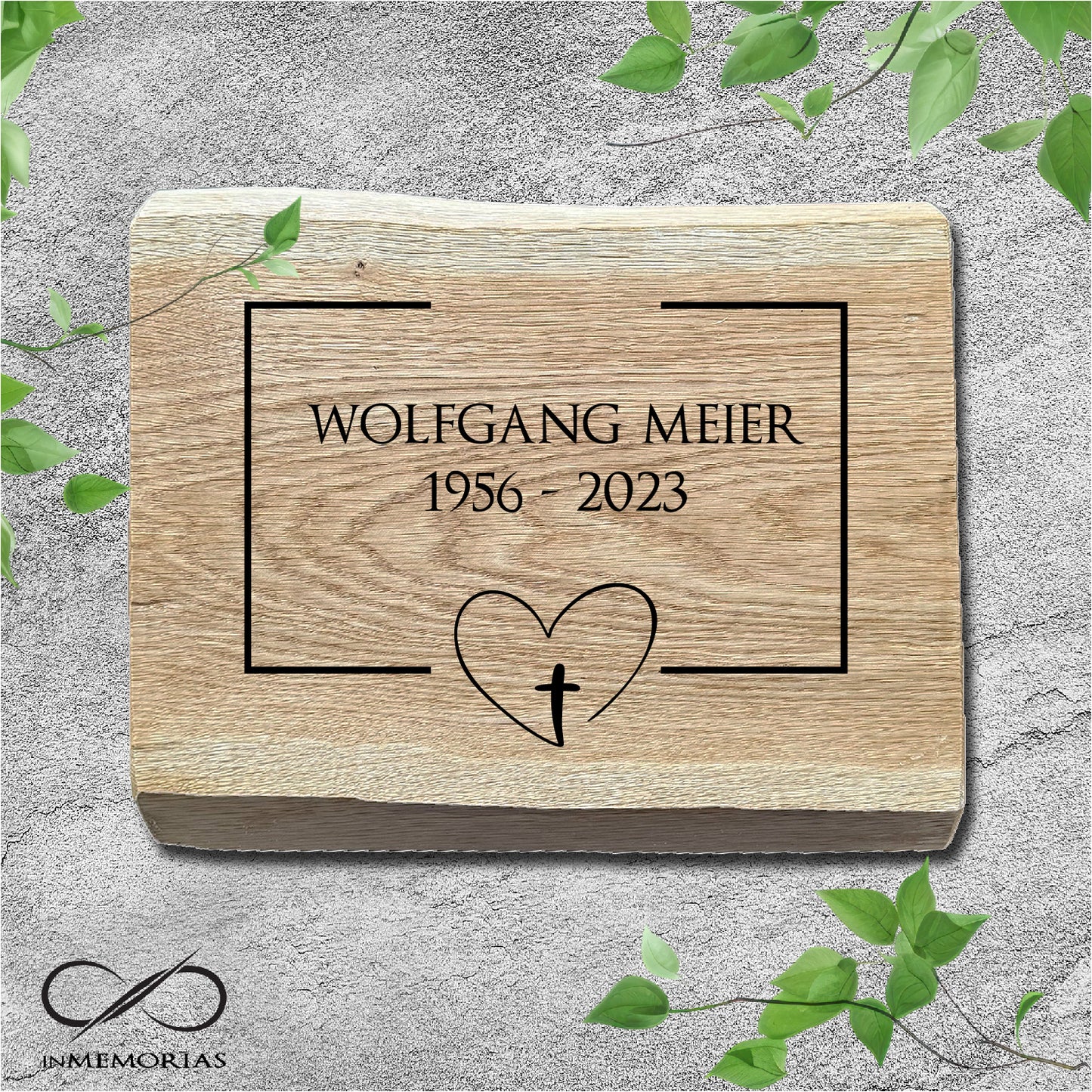 Schriftplatte für Grab und Urnengrab aus Eiche mit Baumkante Gedenktafel 050