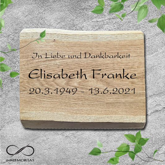 Schriftplatte für Grab und Urnengrab aus Eiche mit Baumkante Gedenktafel 002