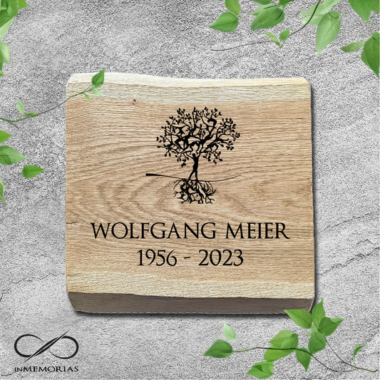 Schriftplatte für Grab und Urnengrab aus Eiche mit Baumkante Gedenktafel 008
