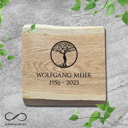 Schriftplatte für Grab und Urnengrab aus Eiche mit Baumkante Gedenktafel 010