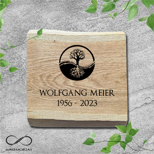 Schriftplatte für Grab und Urnengrab aus Eiche mit Baumkante Gedenktafel 012