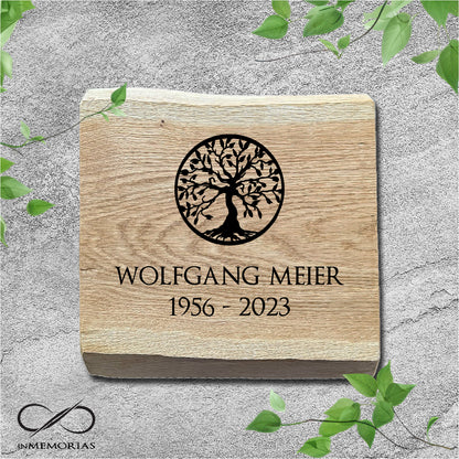 Schriftplatte für Grab und Urnengrab aus Eiche mit Baumkante Gedenktafel 013