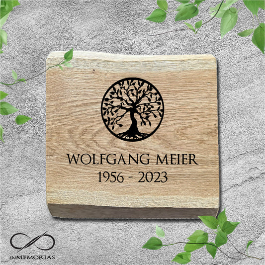 Schriftplatte für Grab und Urnengrab aus Eiche mit Baumkante Gedenktafel 013