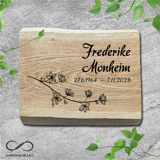 Schriftplatte für Grab und Urnengrab aus Eiche mit Baumkante Gedenktafel 017