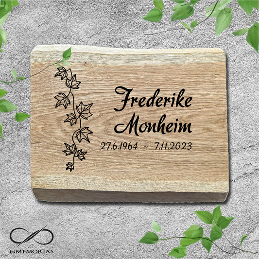 Schriftplatte für Grab und Urnengrab aus Eiche mit Baumkante Gedenktafel 018