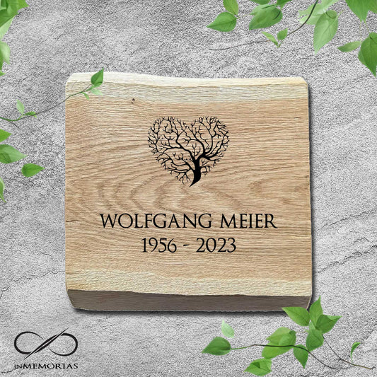 Schriftplatte für Grab und Urnengrab aus Eiche mit Baumkante Gedenktafel 026