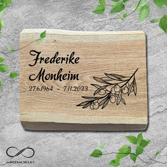 Schriftplatte für Grab und Urnengrab aus Eiche mit Baumkante Gedenktafel 028