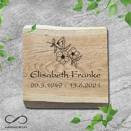 Schriftplatte für Grab und Urnengrab aus Eiche mit Baumkante Gedenktafel 059
